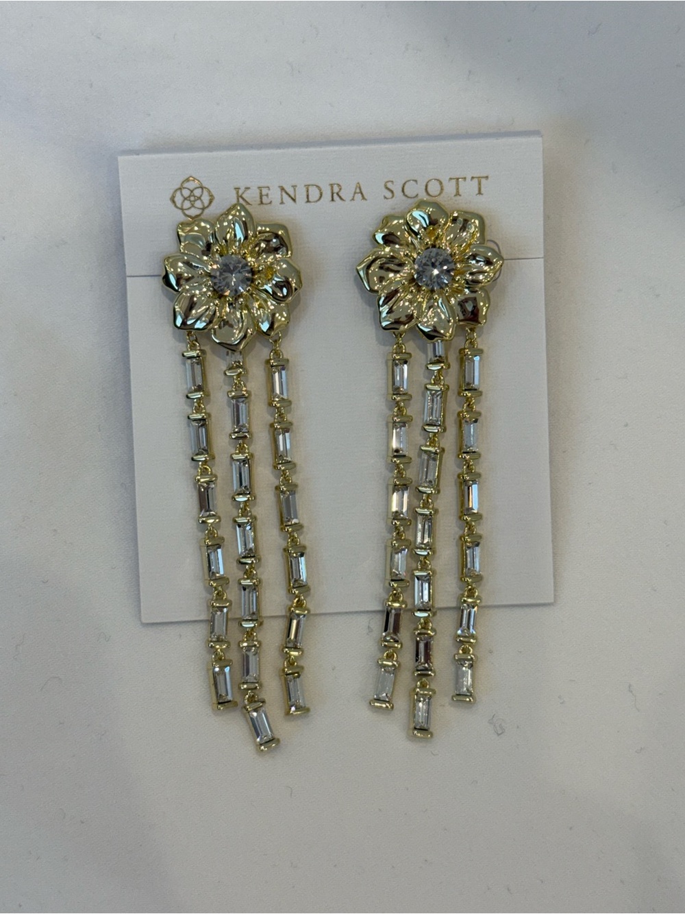 Kendra Scott Gold Floral Drop Earrings with Clear Crystals